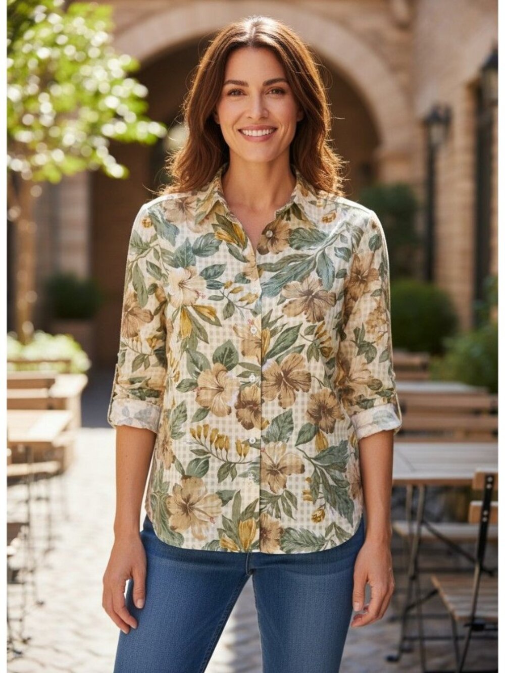 BonWorth Womens Floral Button-Up Blouse LP Beige Green Polyester Long Sleeve